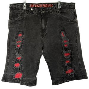 American Rogue Men Distressed Shorts Size 42 Black Red Patch Ripped Vintage Punk